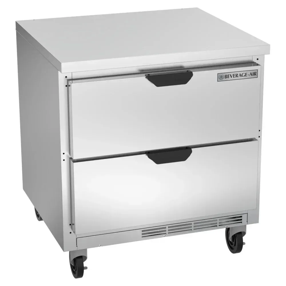 Two-drawer flat top stainless worktop refrigerator from Beverage-Air, designed for restaurant prep, hotel catering, or cafe sandwich line use.
