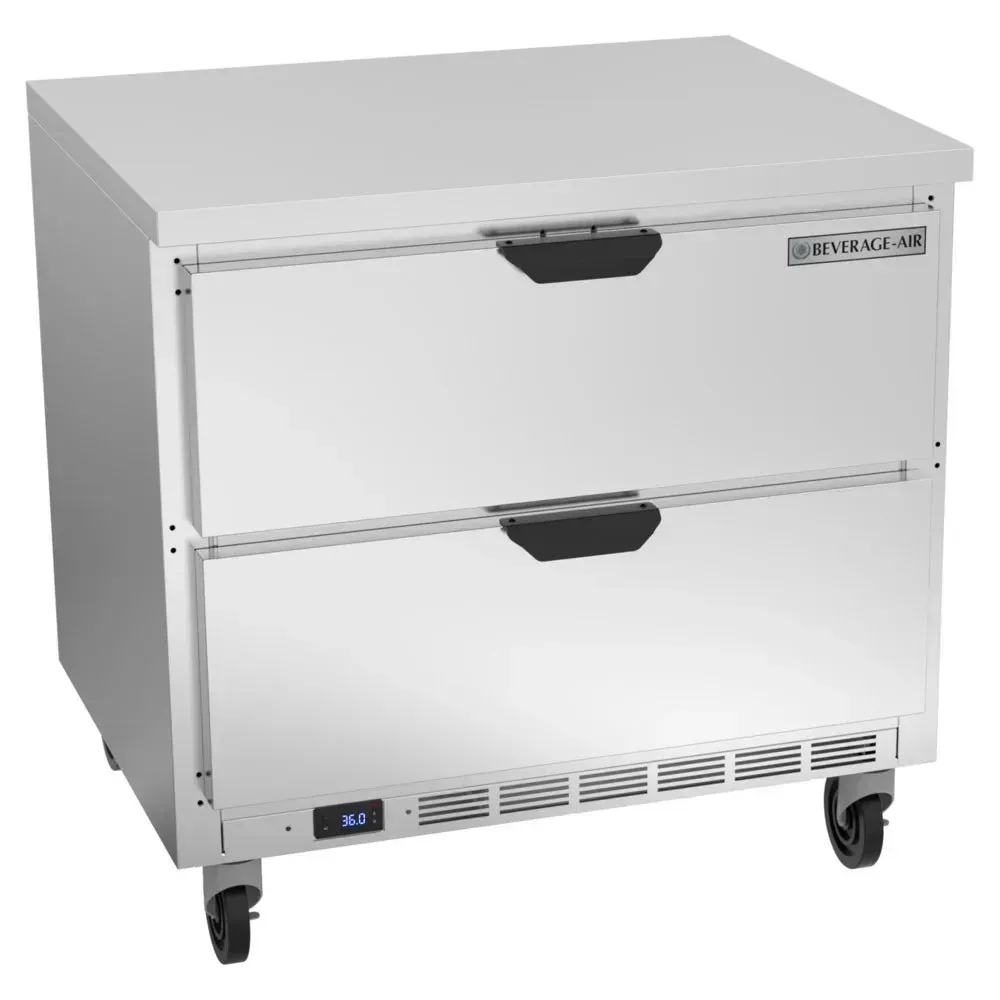 Flat top two-drawer stainless worktop refrigerator by Beverage-Air for commercial kitchens, bars, and prep station needing durable, efficient storage.