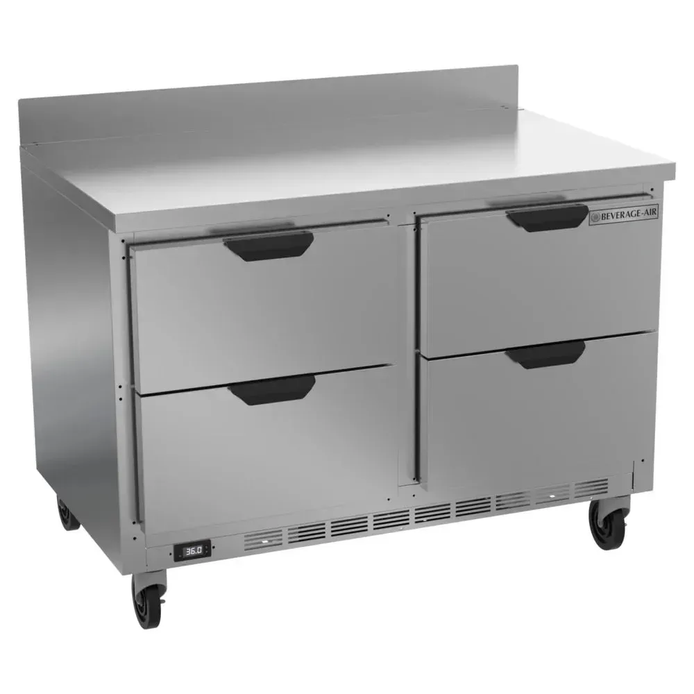 Four drawer compact stainless steel worktop refrigerator from Beverage-Air delivers efficient, space-saving cold storage for food preparation.