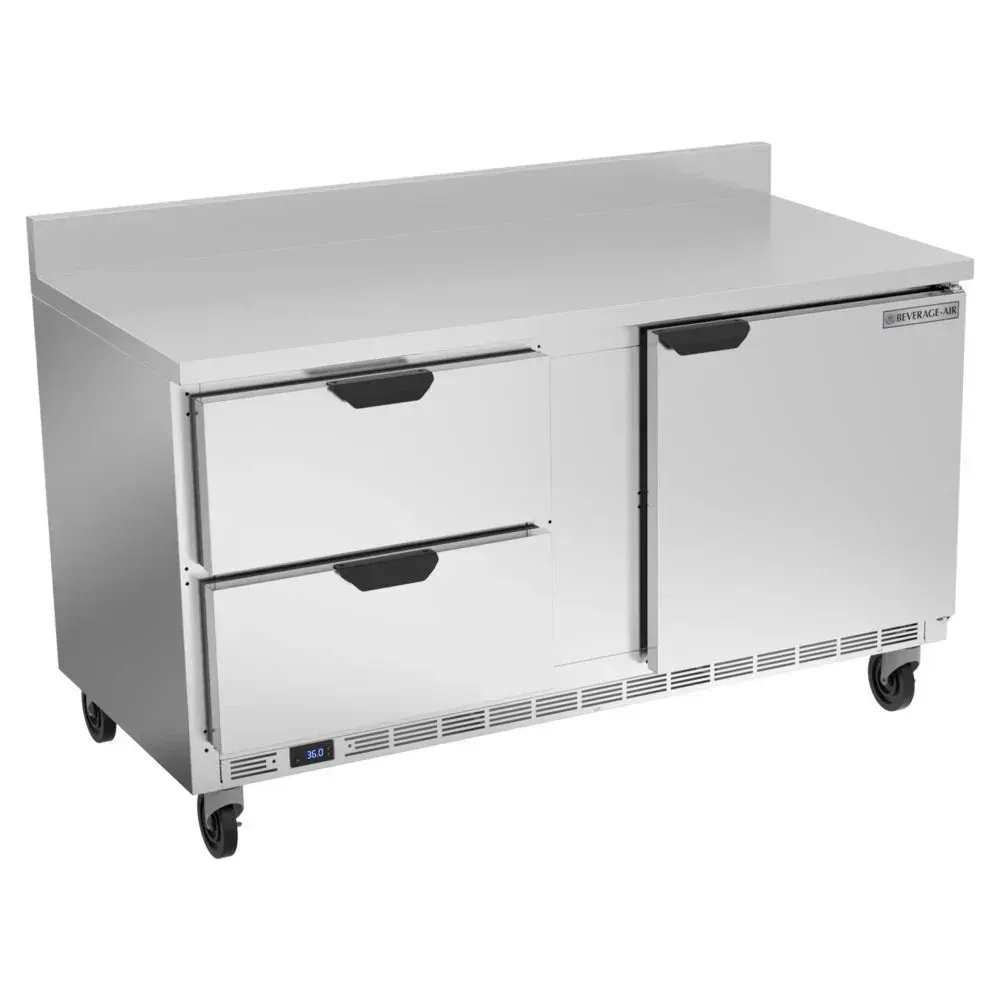 One door, two drawer stainless steel worktop refrigerator from Beverage-Air with backsplash offers reliable cold storage for busy kitchens.