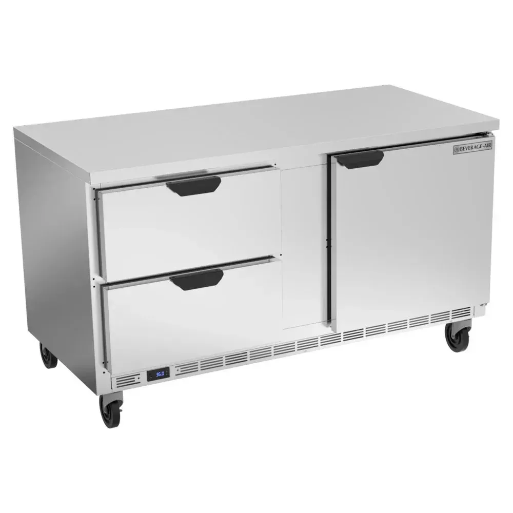 Two drawer, one door stainless steel worktop refrigerator by Beverage-Air with flat top provides efficient storage for commercial food prep.