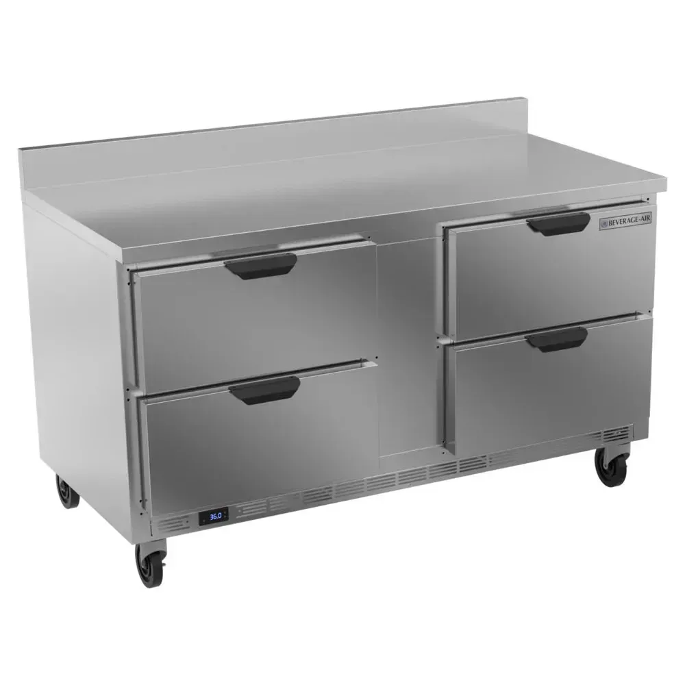 Four drawer compact stainless steel worktop refrigerator by Beverage-Air with backsplash ensures reliable storage for busy kitchen environments.