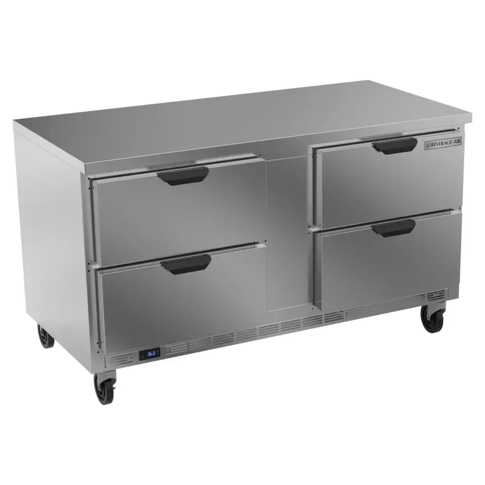 Four drawer stainless steel worktop refrigerator from Beverage-Air with flat top offers efficient cold storage for commercial food service.