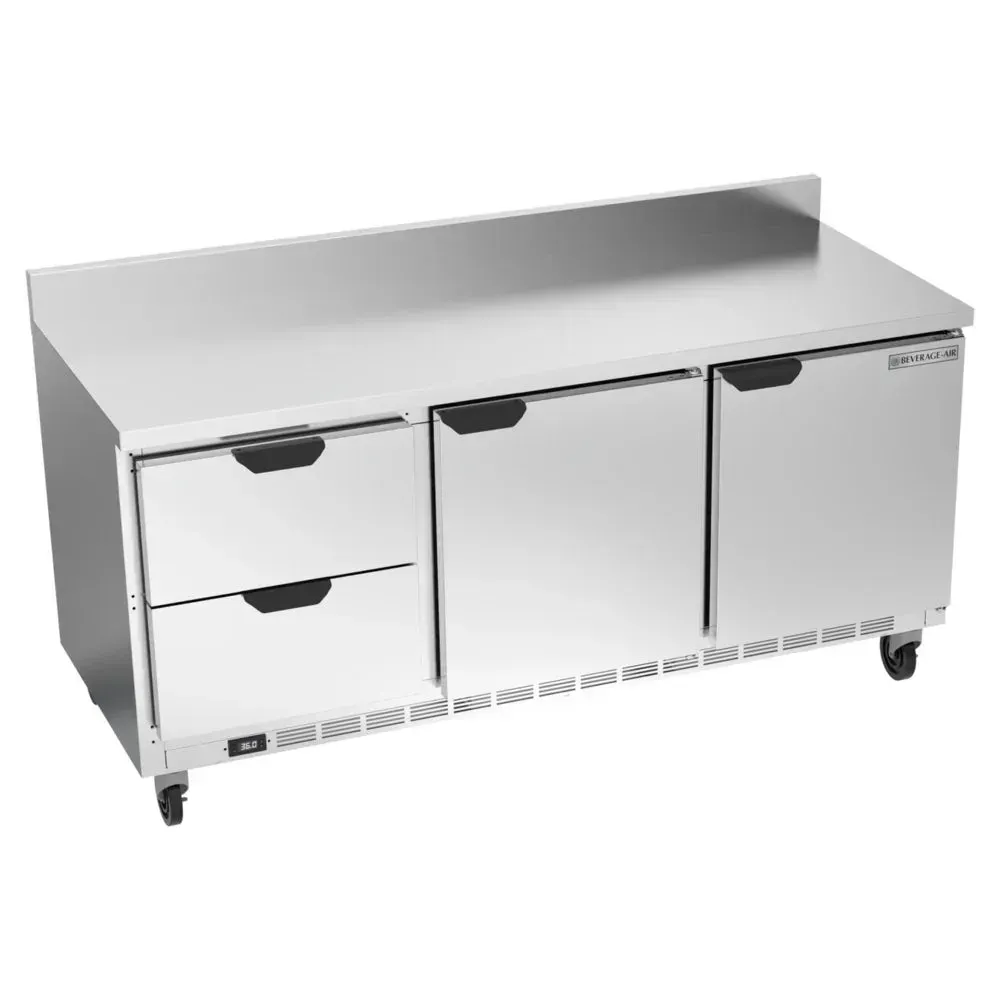 Two door, two drawer stainless steel worktop refrigerator from Beverage-Air with backsplash ensures dependable storage for kitchen operations.