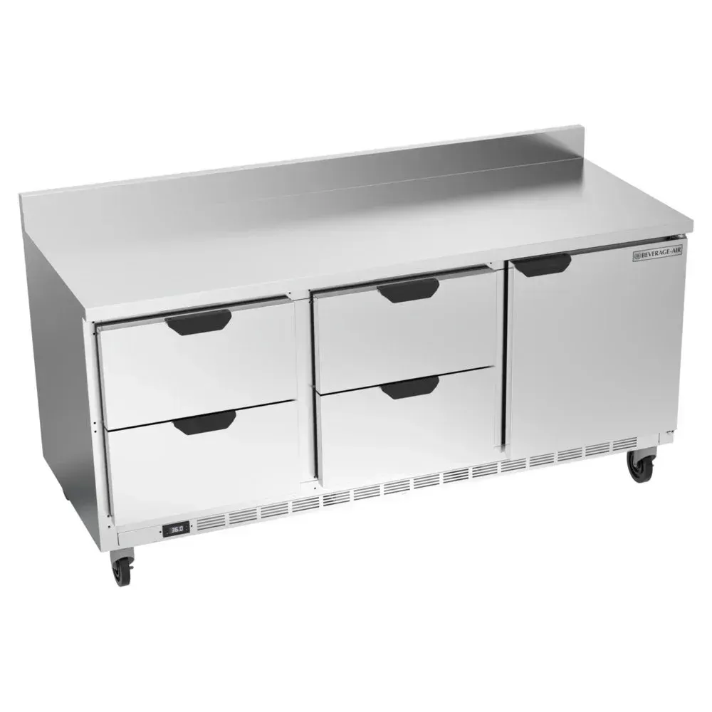 Four drawer, one door stainless steel worktop refrigerator by Beverage-Air with backsplash provides reliable cold storage for commercial kitchens.