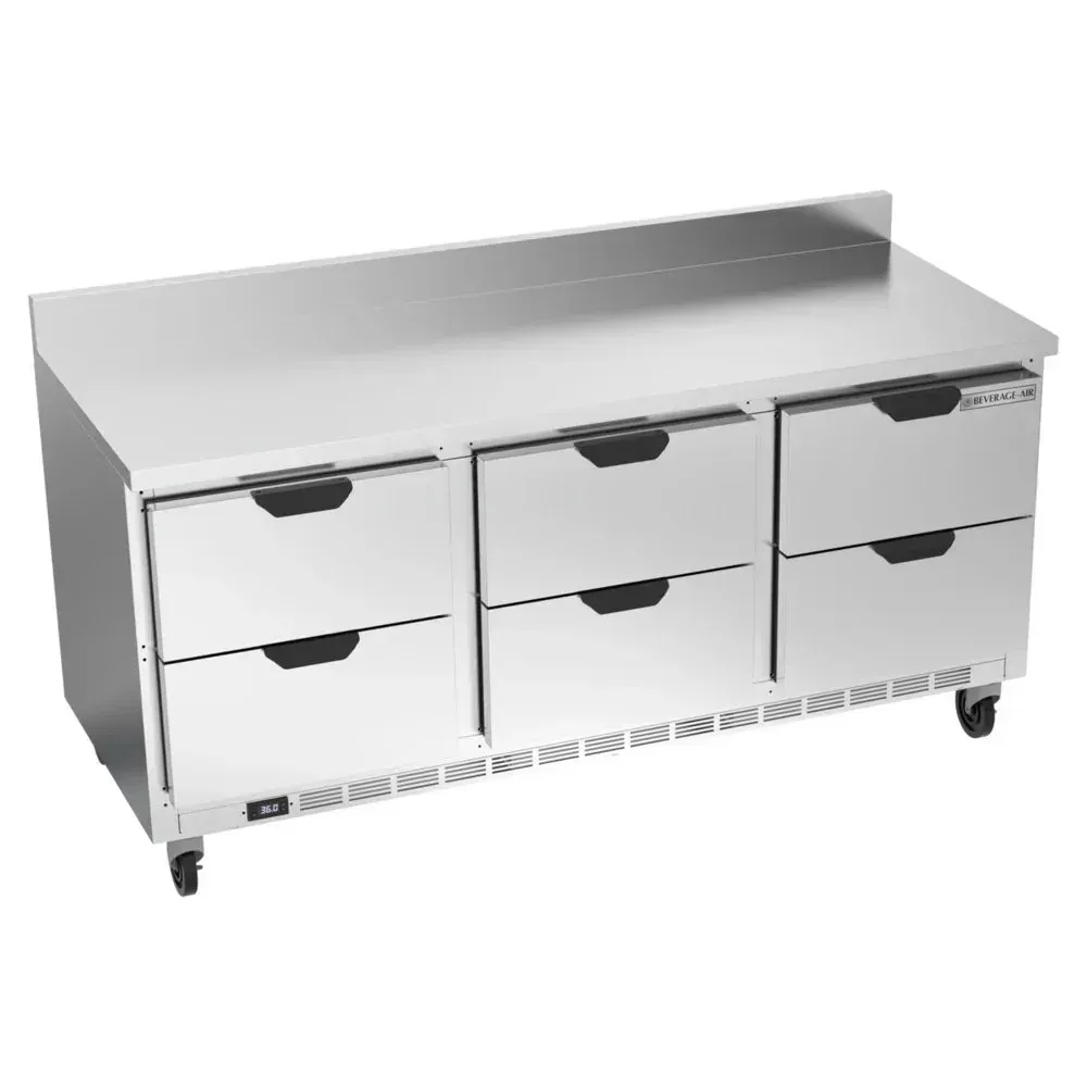 Six drawer stainless steel worktop refrigerator from Beverage-Air with backsplash provides durable, efficient storage for busy kitchen service.
