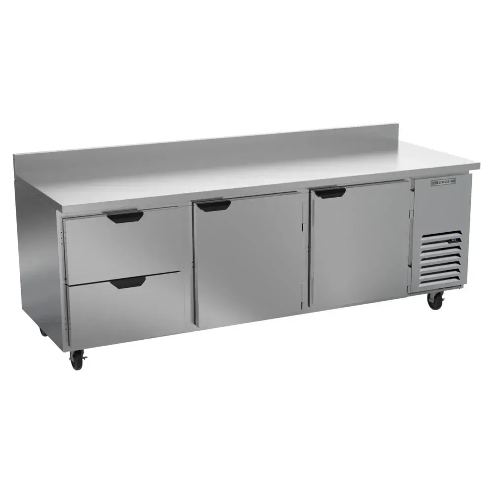 Stainless steel two door, two drawer worktop refrigerator from Beverage-Air ensures efficient cold prep storage in busy commercial kitchens.