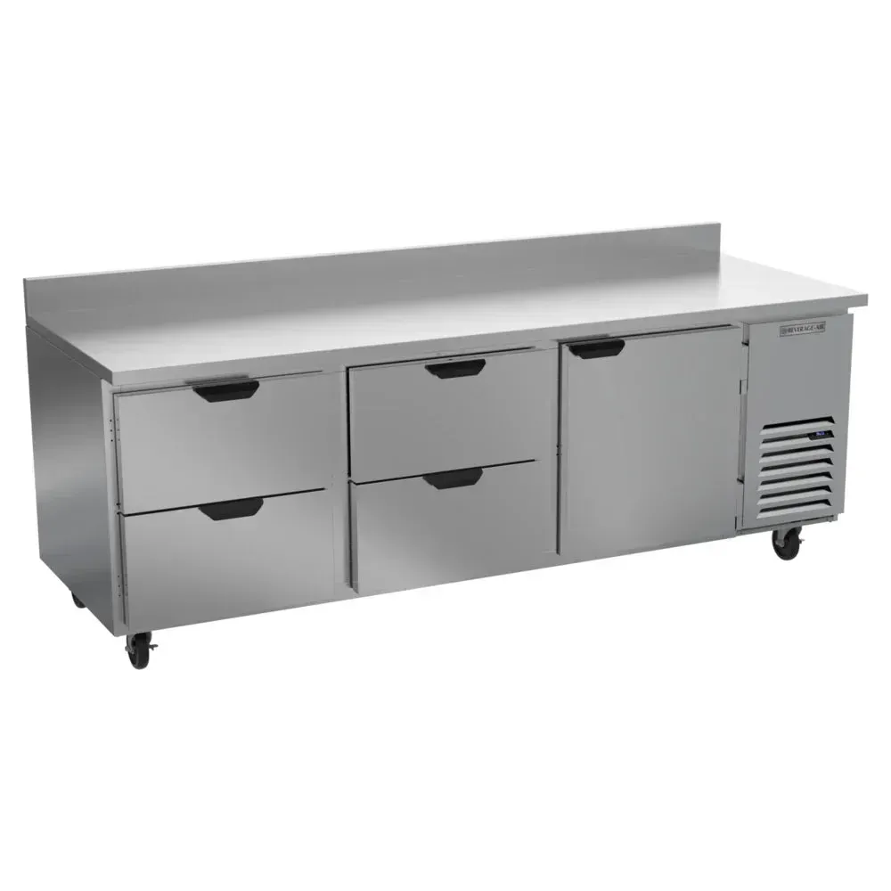 One door, four drawer compact worktop refrigerator by Beverage-Air offers flexible, space-saving cold storage for tight kitchen environments.