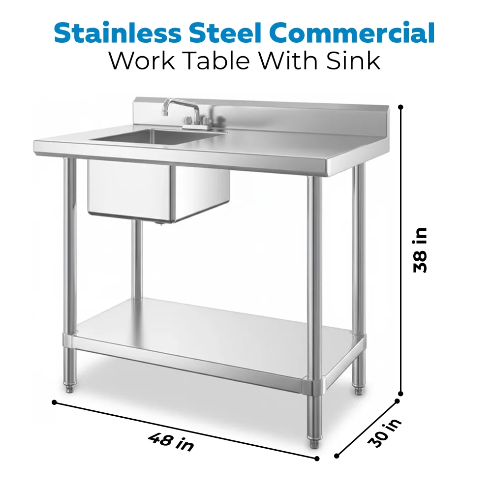 30" x 48" 16 Gauge Work Table with Right Sink, 304 Stainless Steel