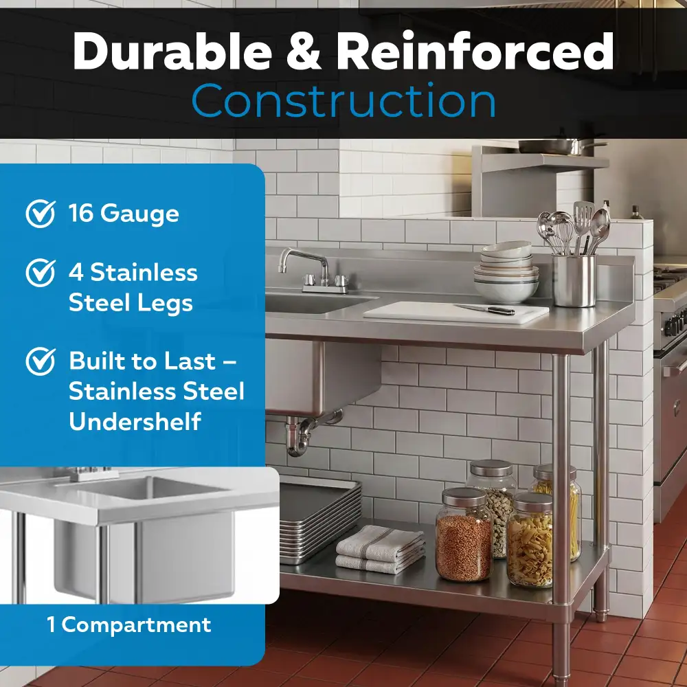 30" x 48" 16 Gauge Work Table with Right Sink, 304 Stainless Steel