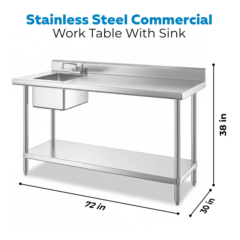 30" x 72" 16 Gauge Work Table with Right Sink, 304 Stainless Steel