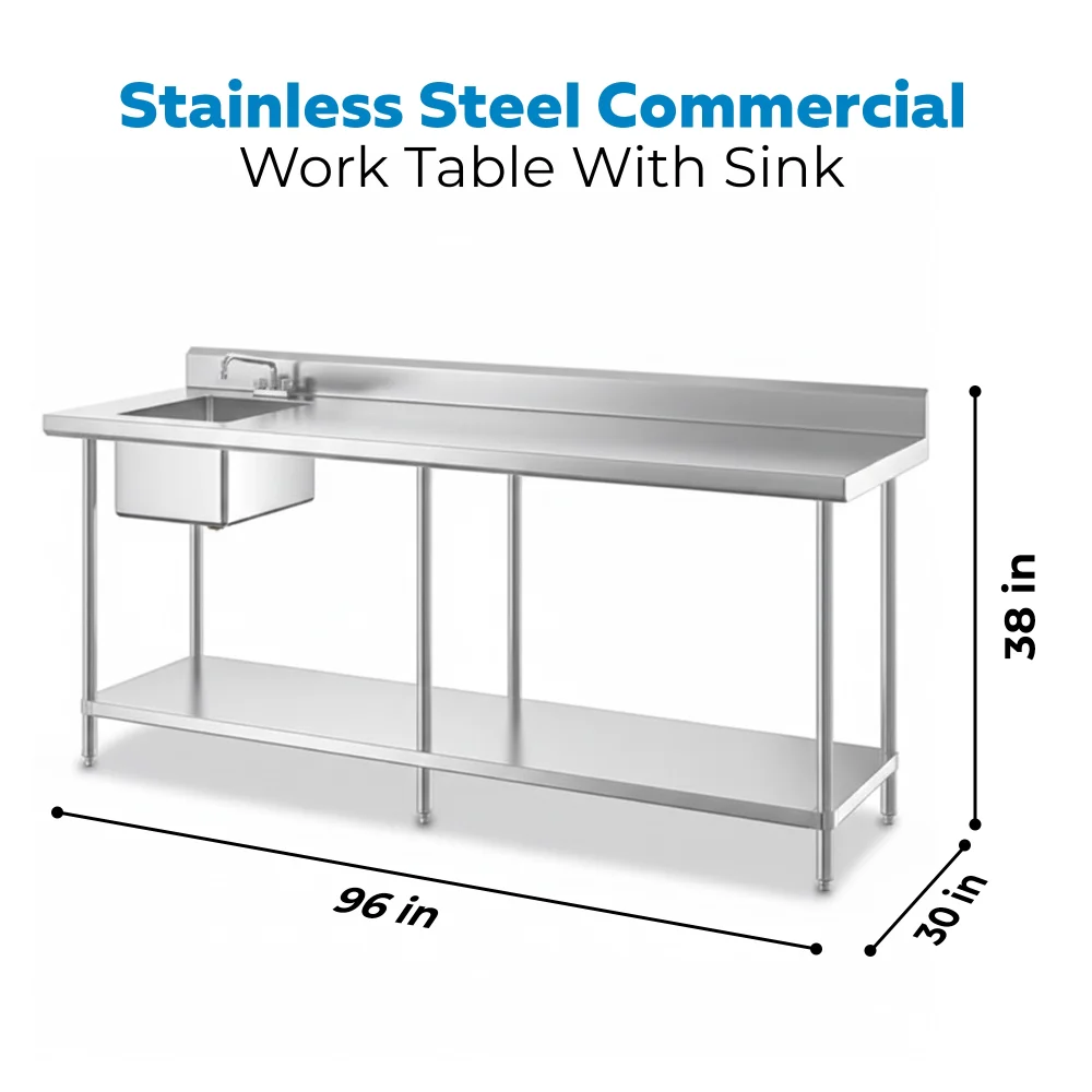 30" x 96" 16 Gauge Work Table with Right Sink, 304 Stainless Steel