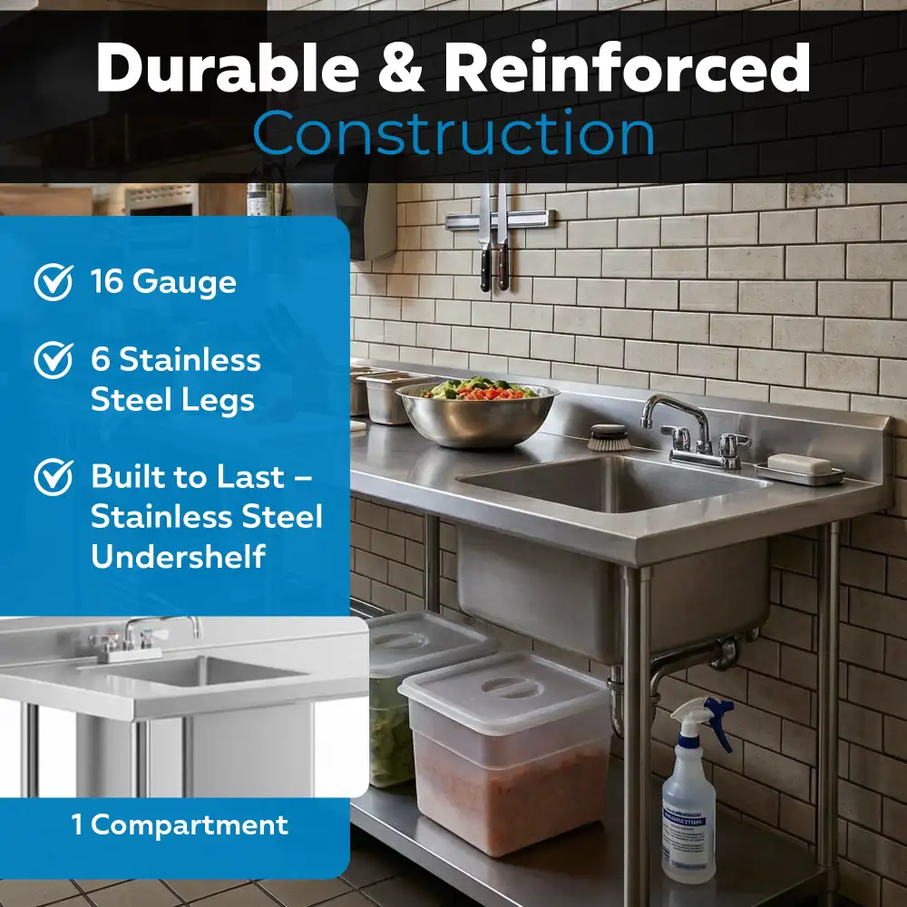 30" x 96" 16 Gauge Work Table with Right Sink, 304 Stainless Steel