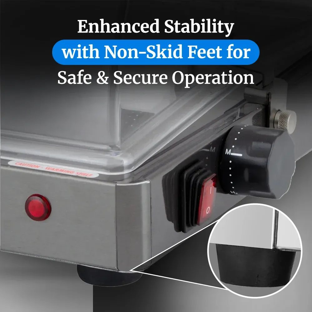 Cadco countertop warming shelf with roll-top lid, stainless steel build, easy to clean, ideal for commercial buffet or catering food displays.