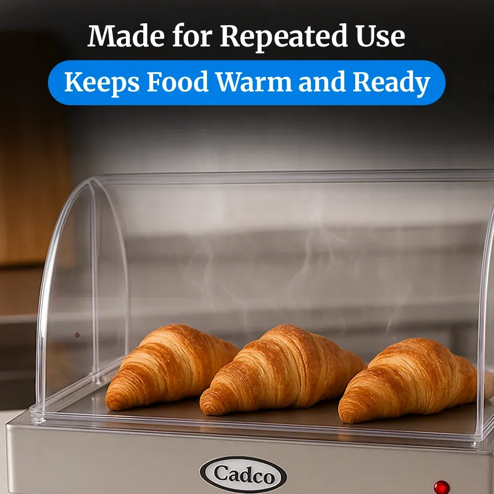 Cadco countertop warming shelf with roll-top lid, stainless steel build, easy to clean, ideal for commercial buffet or catering food displays.