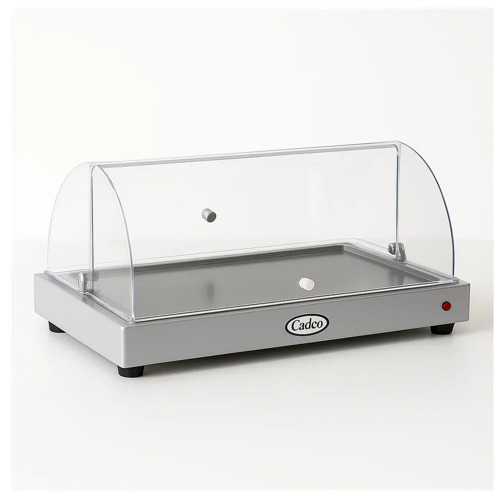 Cadco countertop warming shelf with roll-top lid, stainless steel build, easy to clean, ideal for commercial buffet or catering food displays.