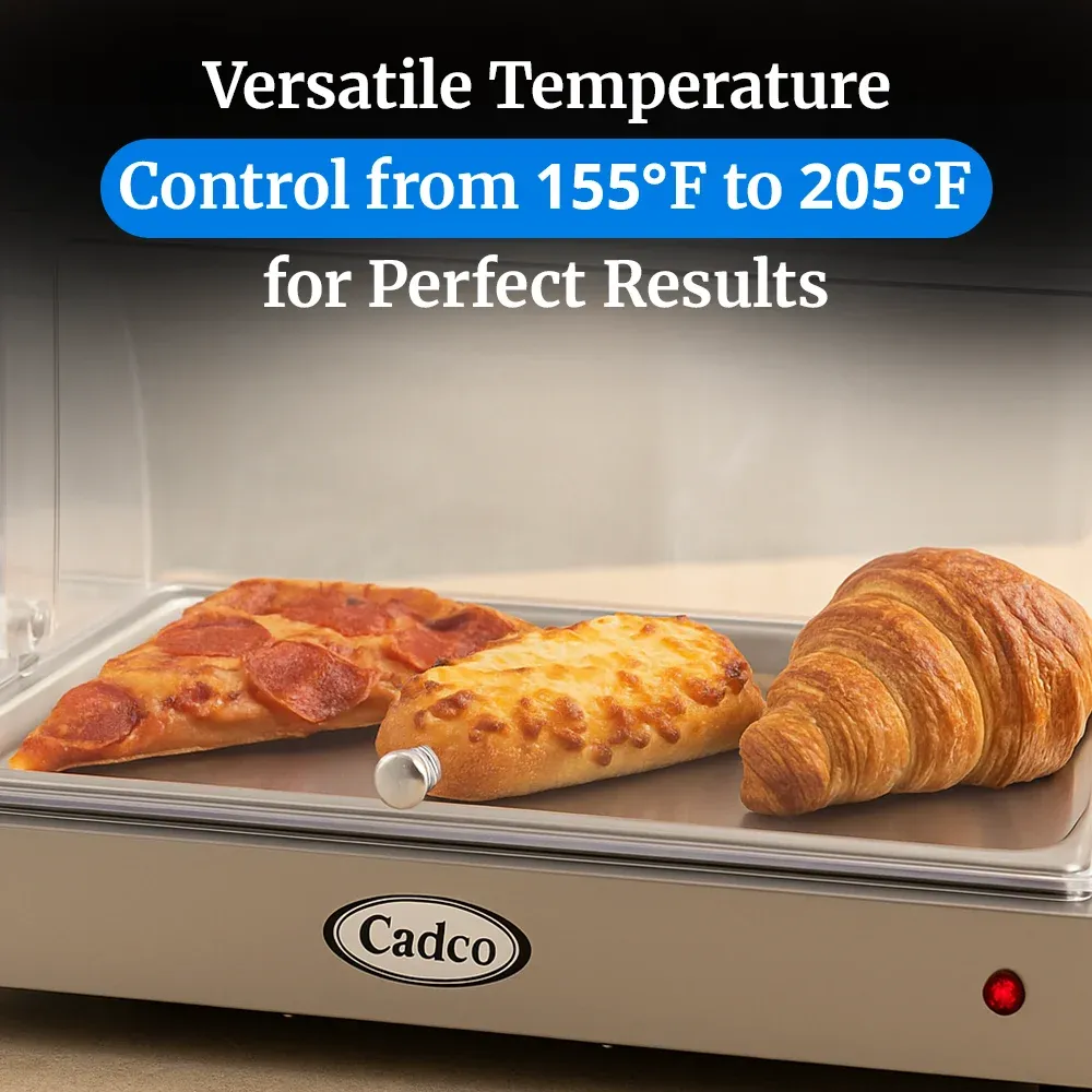 Cadco countertop warming shelf with roll-top lid, stainless steel build, easy to clean, ideal for commercial buffet or catering food displays.