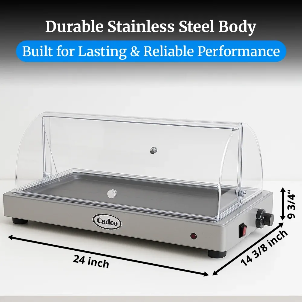 Cadco countertop warming shelf with roll-top lid, stainless steel build, easy to clean, ideal for commercial buffet or catering food displays.