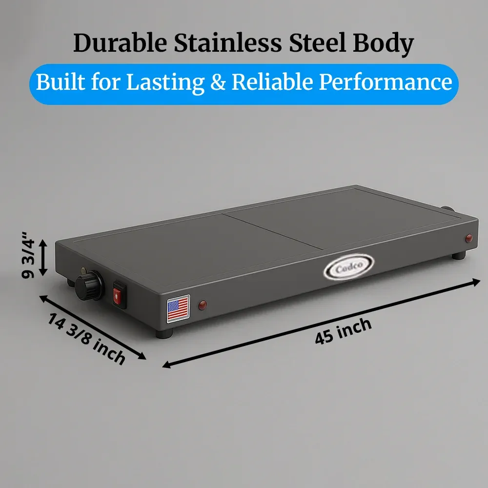 Cadco heavy-duty countertop warming shelf with roll-top lids, stainless steel body, adjustable thermostat, build for buffet or catering use.