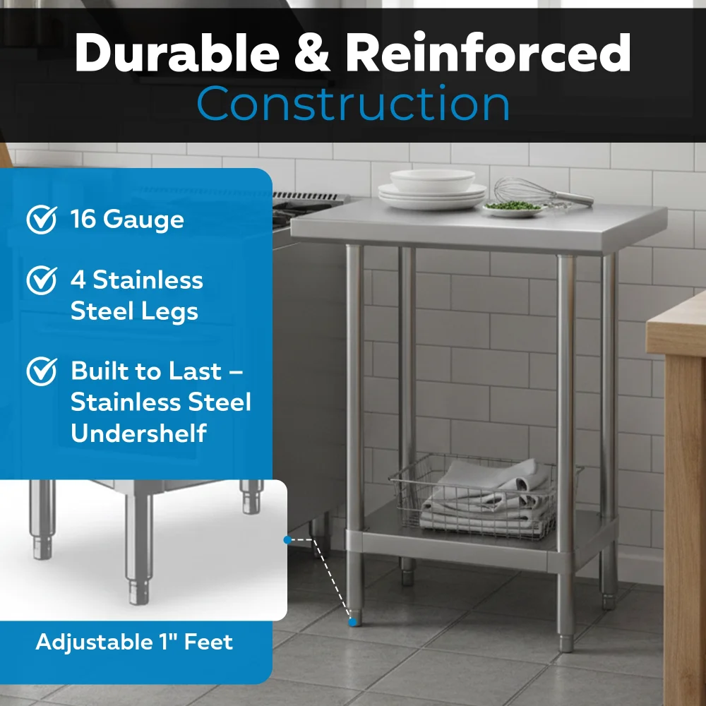 18" x 24" 16-Gauge Commercial Work Table with Undershelf, 304 Stainless Steel