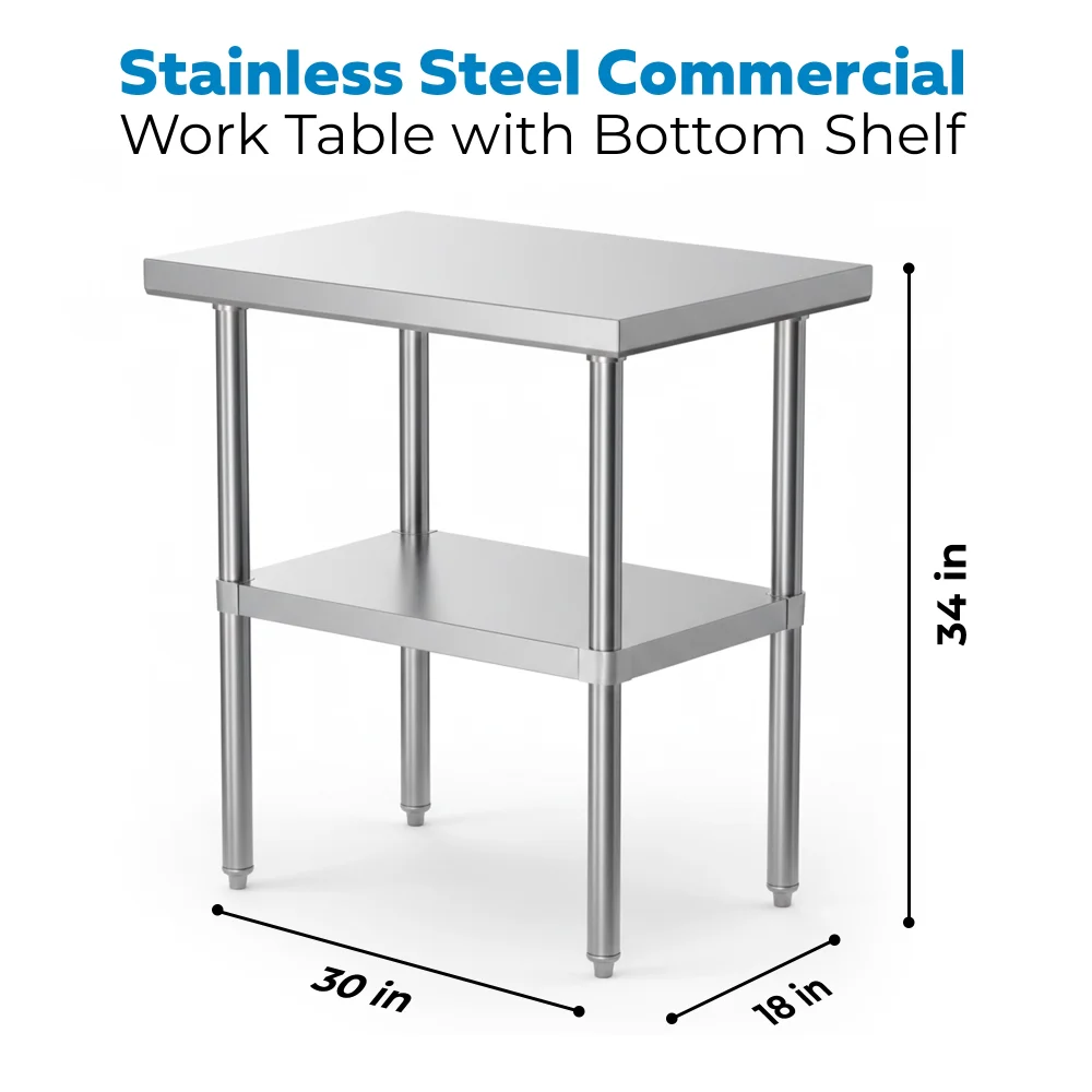 18" x 30" 16-Gauge Commercial Work Table with Undershelf, 304 Stainless Steel
