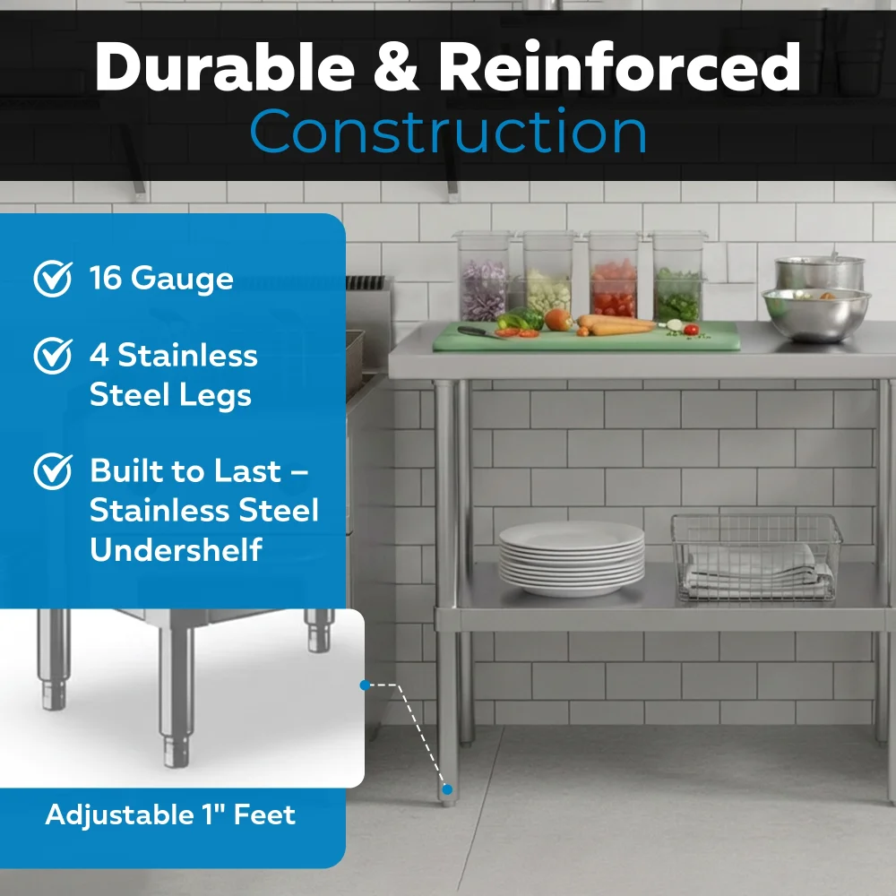 18" x 30" 16-Gauge Commercial Work Table with Undershelf, 304 Stainless Steel
