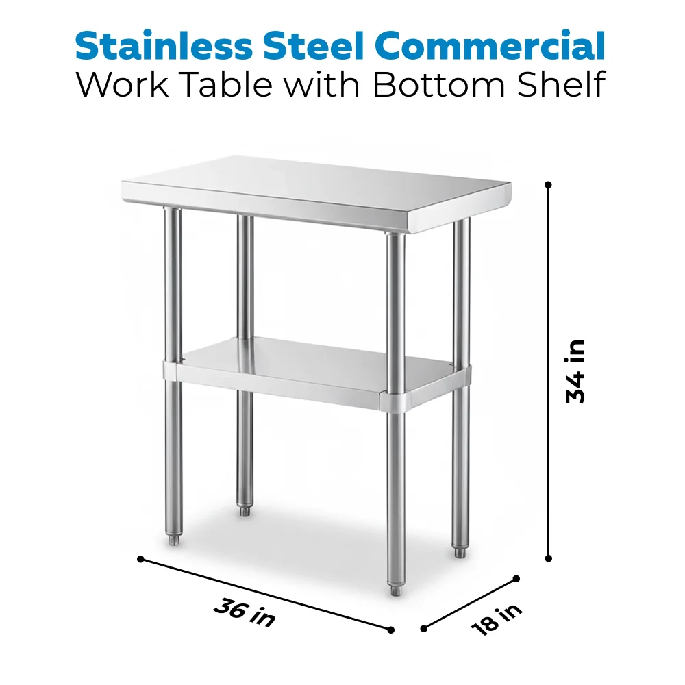 18" x 36" 16-Gauge Commercial Work Table with Undershelf, 304 Stainless Steel
