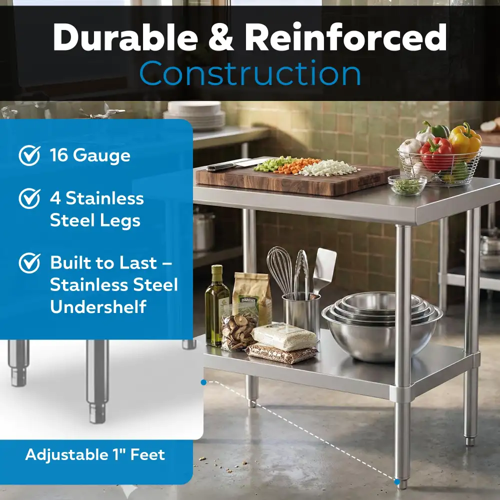 18" x 36" 16-Gauge Commercial Work Table with Undershelf, 304 Stainless Steel