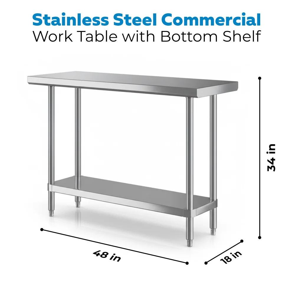 18" x 48" 16-Gauge Commercial Work Table with Undershelf, 304 Stainless Steel