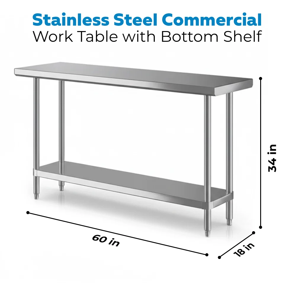 18" x 60" 16-Gauge Commercial Work Table with Undershelf, 304 Stainless Steel