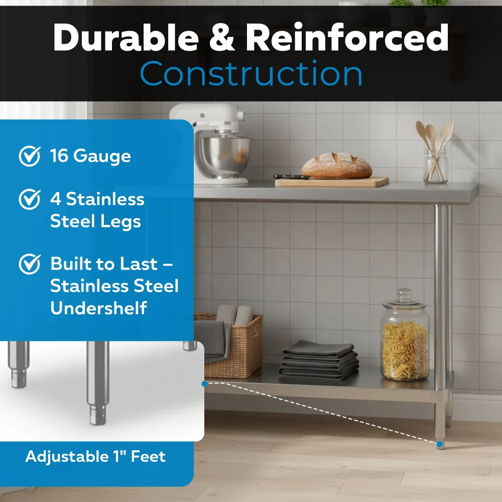 18" x 60" 16-Gauge Commercial Work Table with Undershelf, 304 Stainless Steel
