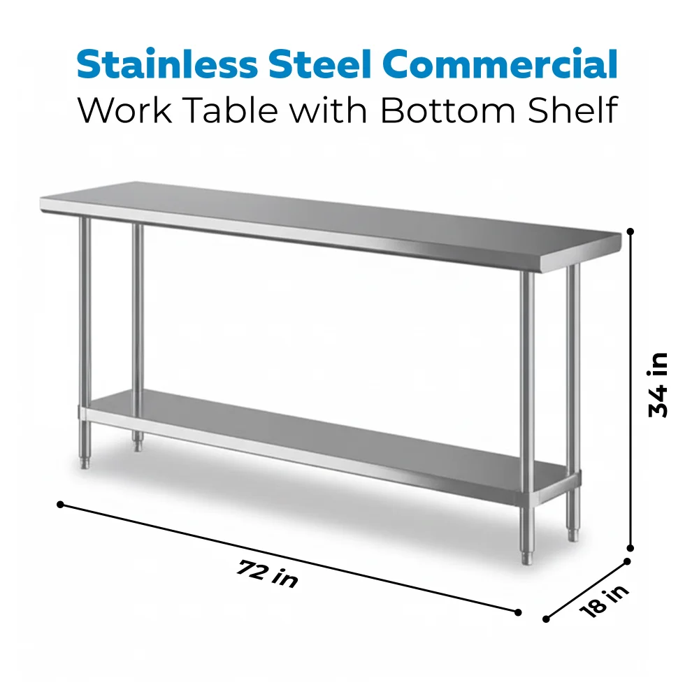 18" x 72" 16-Gauge Commercial Work Table with Undershelf, 304 Stainless Steel