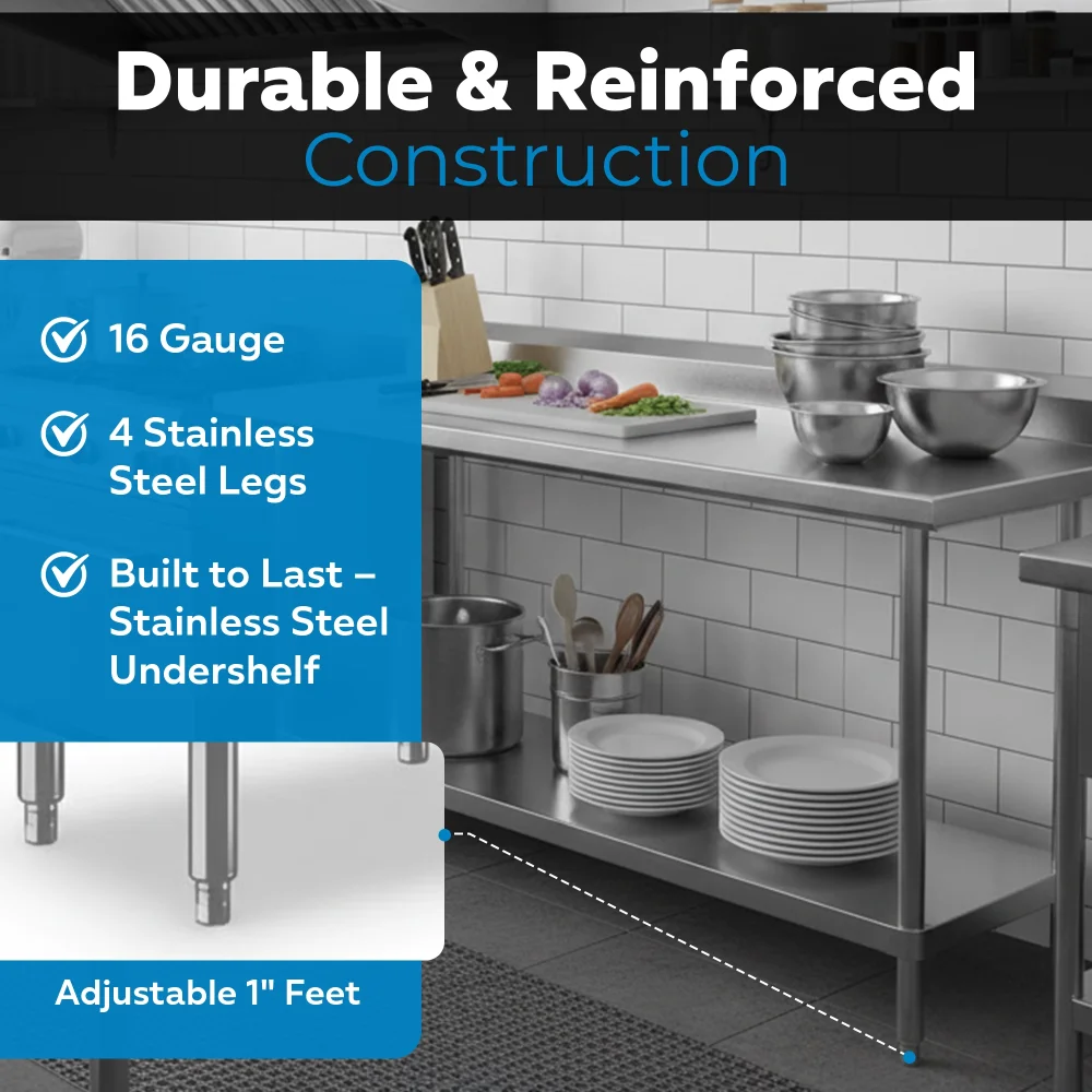 18" x 72" 16-Gauge Commercial Work Table with Undershelf, 304 Stainless Steel