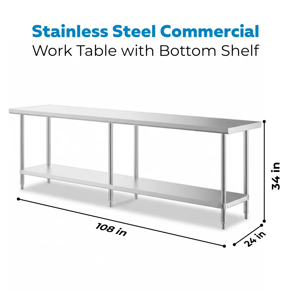 24" x 108" 16-Gauge Commercial Work Table with Undershelf, 304 Stainless Steel