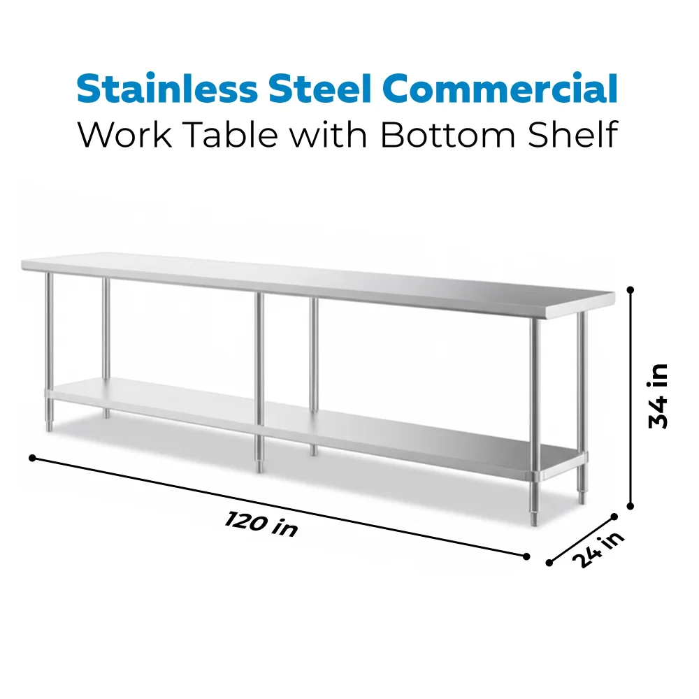 24" x 120" 16-Gauge Commercial Work Table with Undershelf, 304 Stainless Steel