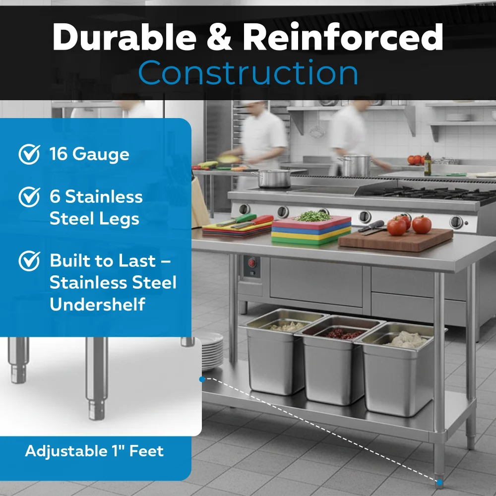 24" x 120" 16-Gauge Commercial Work Table with Undershelf, 304 Stainless Steel
