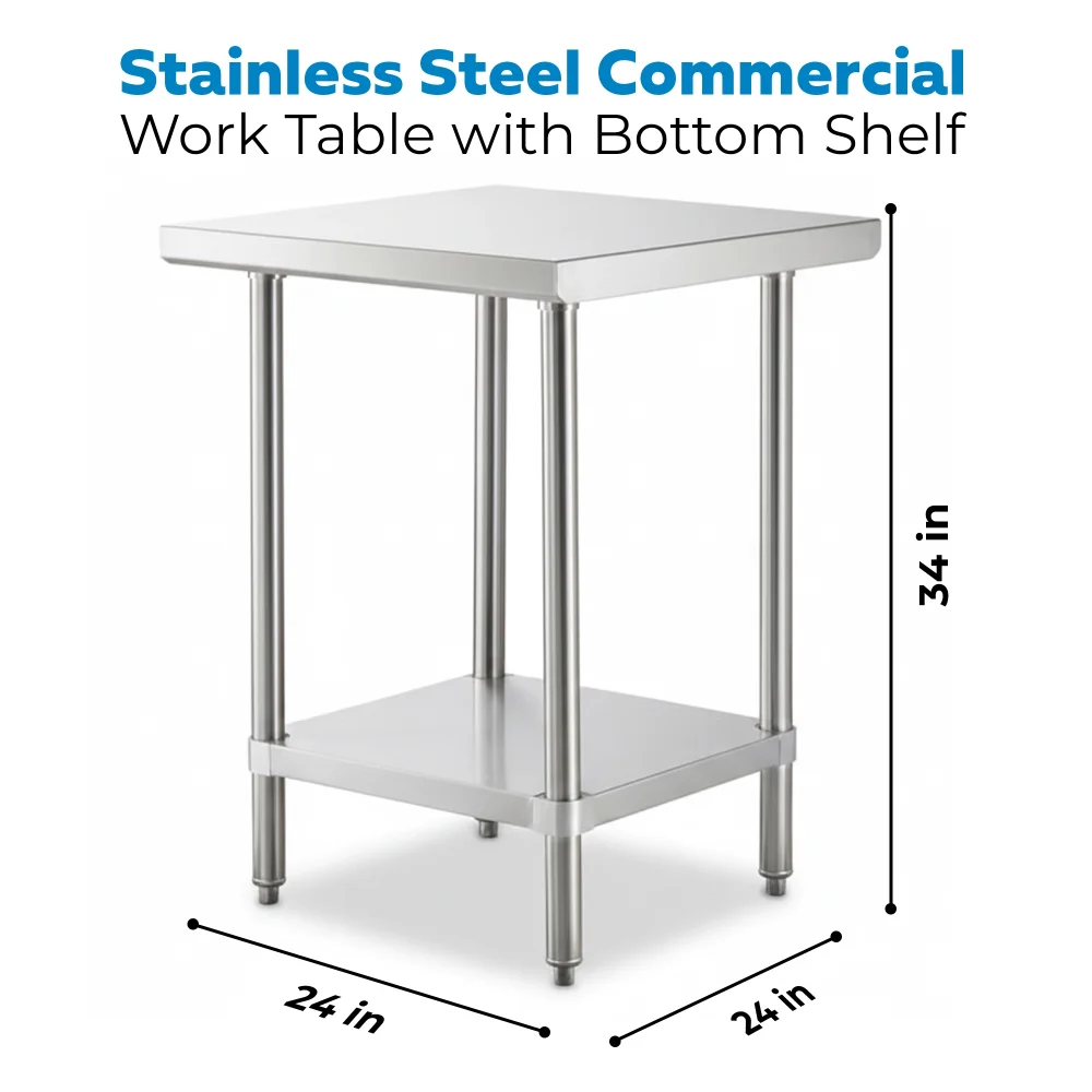 24" x 24" 16-Gauge Commercial Work Table with Undershelf, 304 Stainless Steel