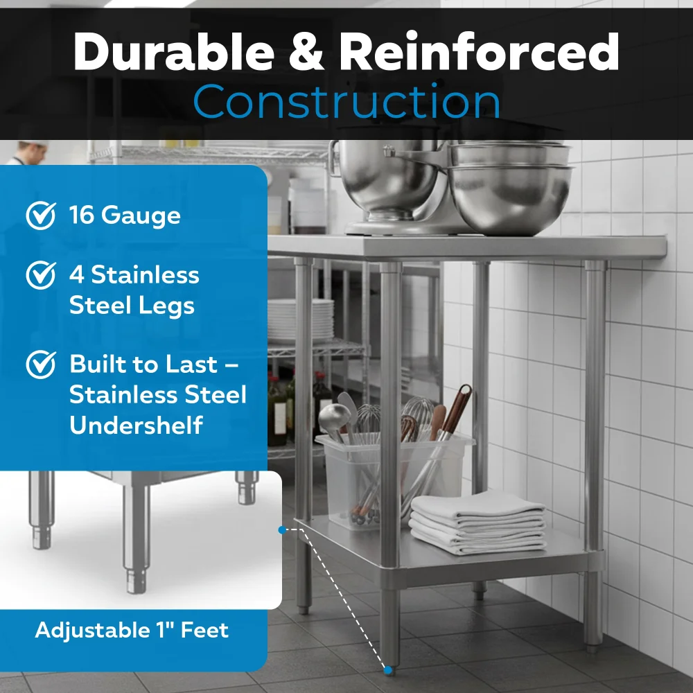 24" x 24" 16-Gauge Commercial Work Table with Undershelf, 304 Stainless Steel