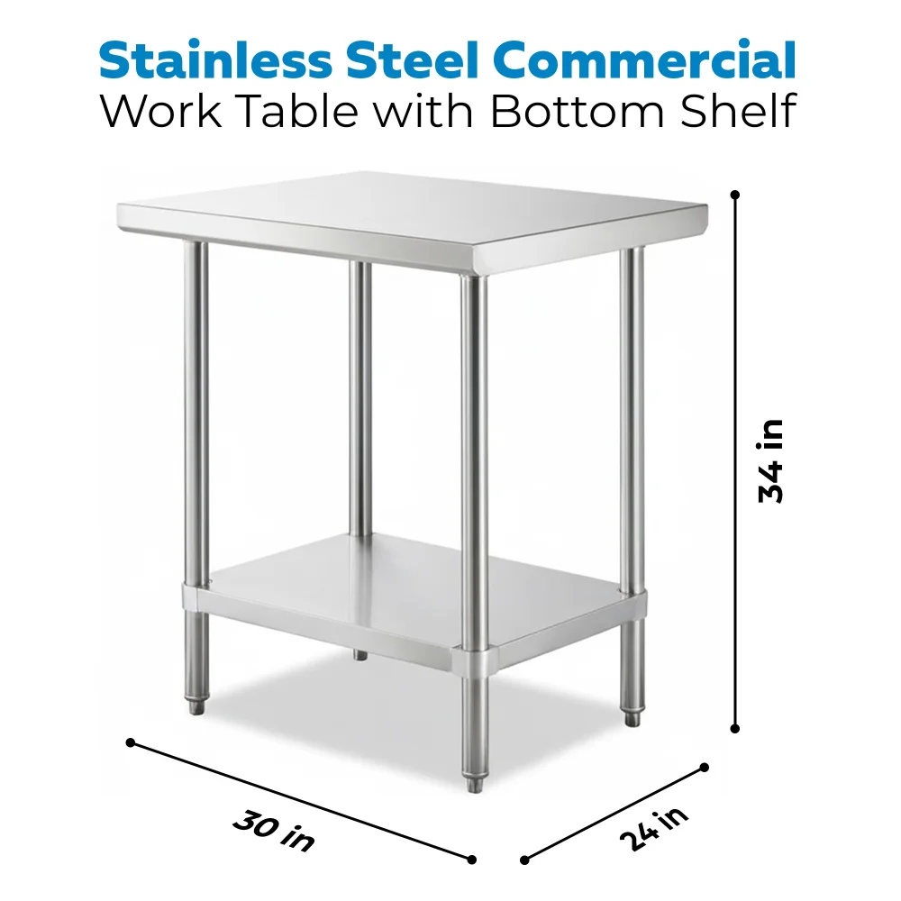 24" x 30" 16-Gauge Commercial Work Table with Undershelf, 304 Stainless Steel