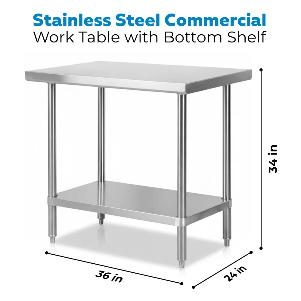 24" x 36" 16-Gauge Commercial Work Table with Undershelf, 304 Stainless Steel