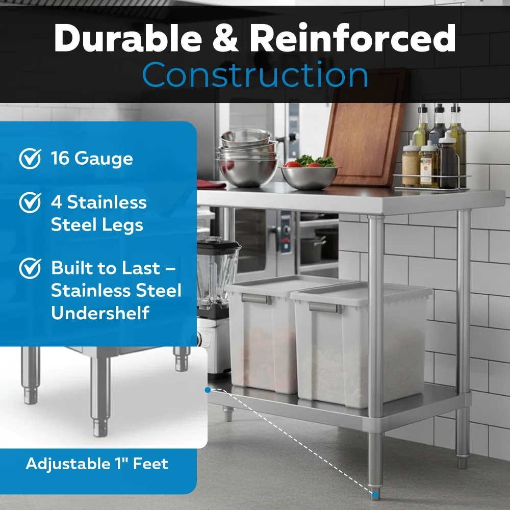 24" x 36" 16-Gauge Commercial Work Table with Undershelf, 304 Stainless Steel