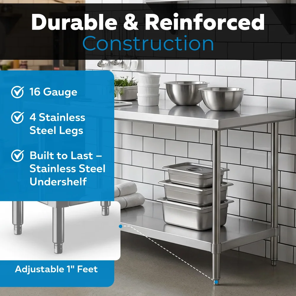 24" x 60" 16-Gauge Commercial Work Table with Undershelf, 304 Stainless Steel