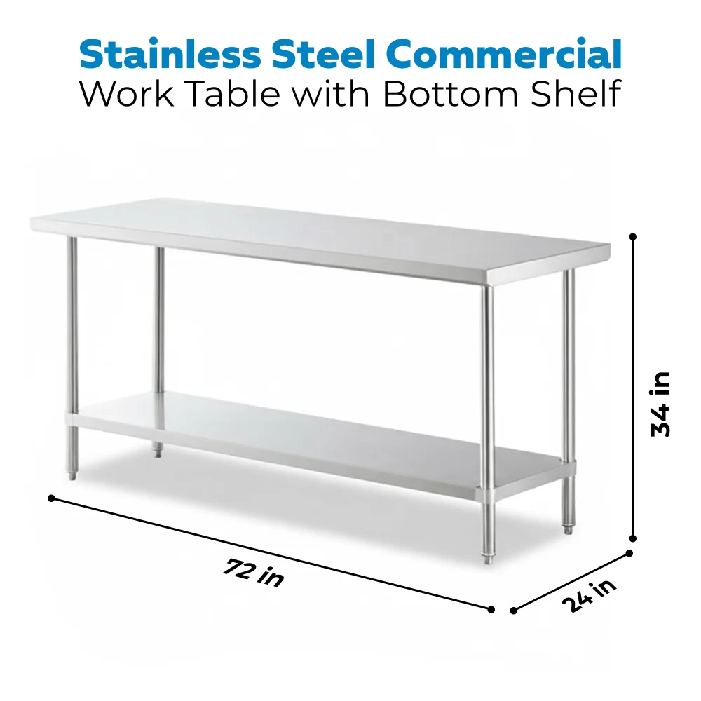 24" x 72" 16-Gauge Commercial Work Table with Undershelf, 304 Stainless Steel
