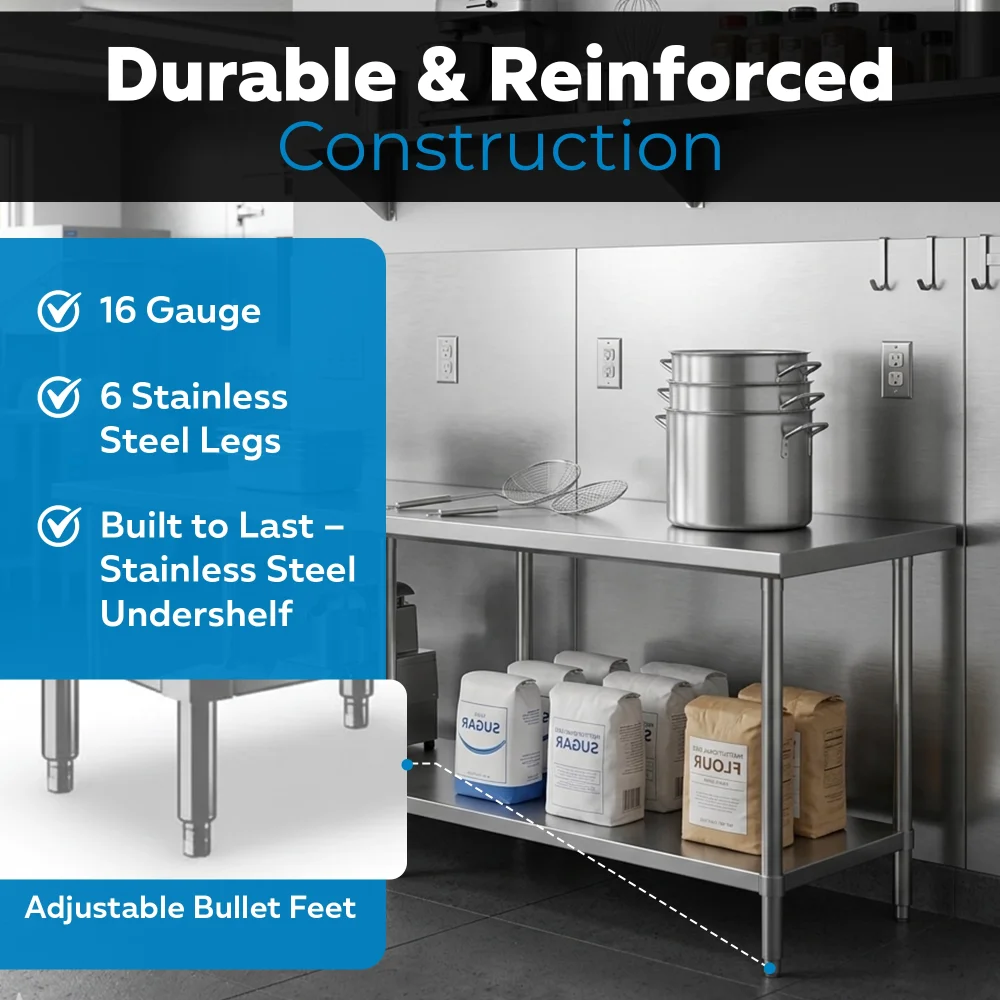 24" x 84" 16-Gauge Commercial Work Table with Undershelf, 304 Stainless Steel