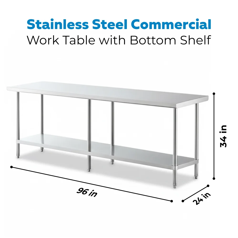 24" x 96" 16-Gauge Commercial Work Table with Undershelf, 304 Stainless Steel