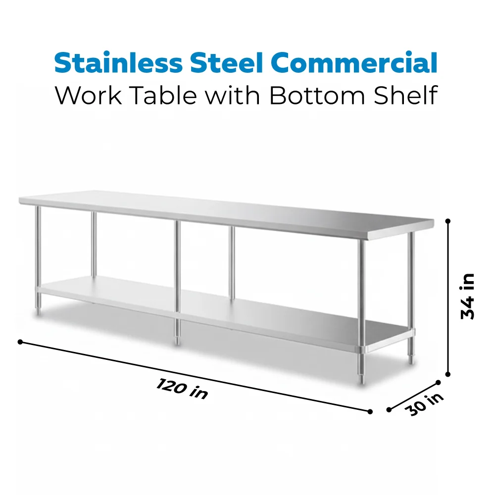 30" x 120" 16-Gauge Commercial Work Table with Undershelf, 304 Stainless Steel