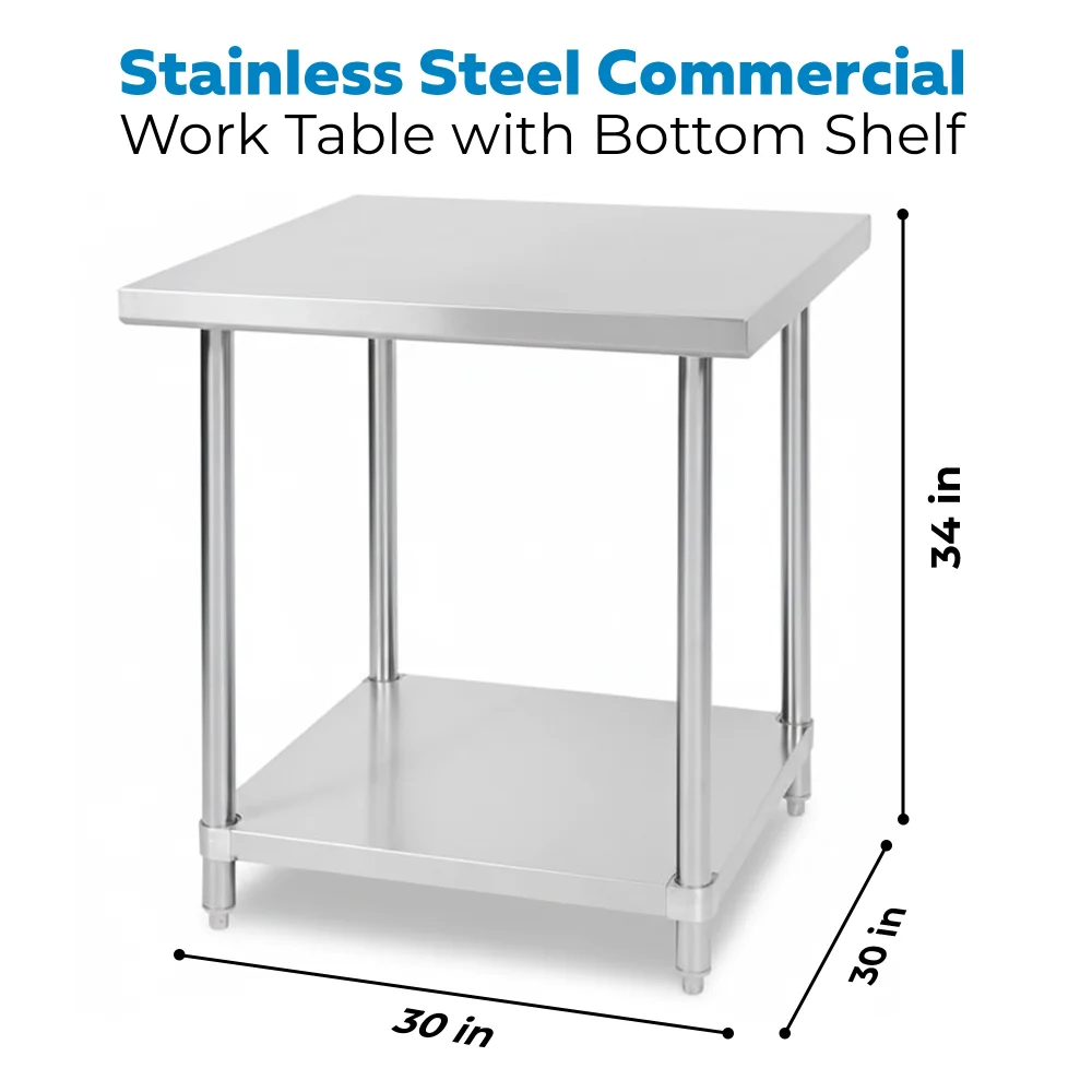 30" x 30" 16-Gauge Commercial Work Table with Undershelf, 304 Stainless Steel