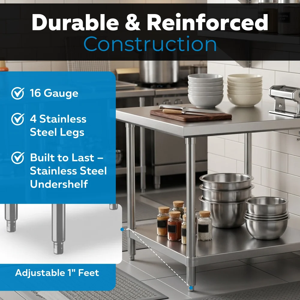 30" x 30" 16-Gauge Commercial Work Table with Undershelf, 304 Stainless Steel
