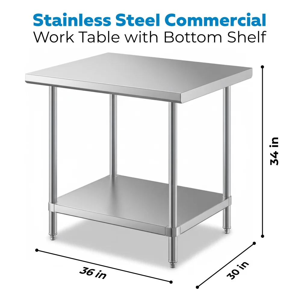 30" x 36" 16-Gauge Commercial Work Table with Undershelf, 304 Stainless Steel