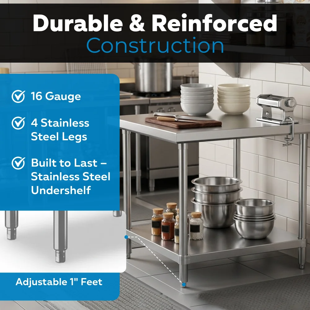 30" x 36" 16-Gauge Commercial Work Table with Undershelf, 304 Stainless Steel